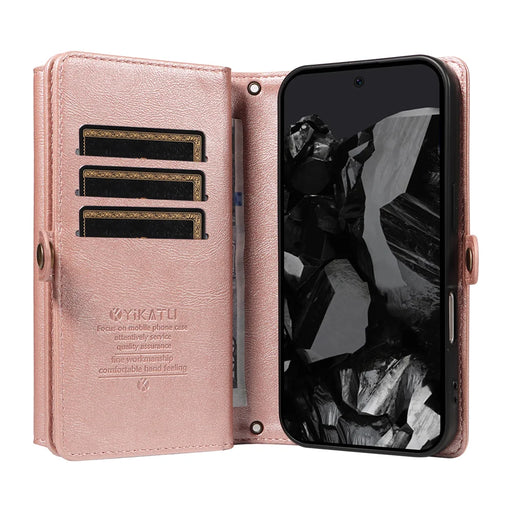 YIKATU For Google Pixel 10 Pro / Google Pixel 9 / Google Pixel 9 Pro / Google Pixel 10 Case  YK-008 Zipper Wallet Leather Phone Cover with Shoulder Strap - Rose Gold - 2