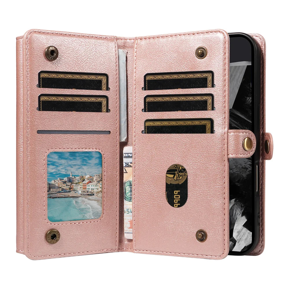 YIKATU For Google Pixel 10 Pro / Google Pixel 9 / Google Pixel 9 Pro / Google Pixel 10 Case  YK-008 Zipper Wallet Leather Phone Cover with Shoulder Strap - Rose Gold - 3