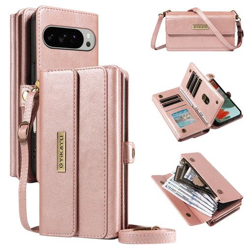 YIKATU For Google Pixel 9 Pro XL / Google Pixel 10 Pro XL Case  YK-008 Zipper Wallet Leather Phone Cover with Shoulder Strap - Rose Gold - 1