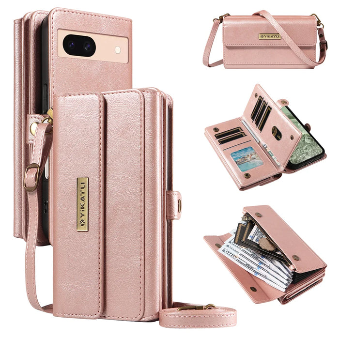 YIKATU For Google Pixel 8a Case  YK-008 Zipper Wallet Leather Phone Cover with Shoulder Strap - Rose Gold - 1