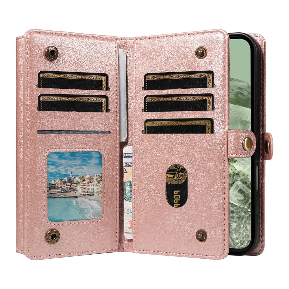 YIKATU For Google Pixel 8a Case  YK-008 Zipper Wallet Leather Phone Cover with Shoulder Strap - Rose Gold - 3