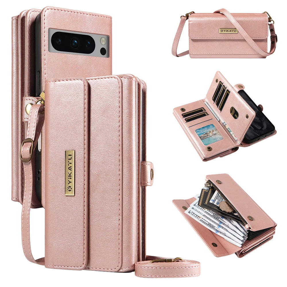 YIKATU For Google Pixel 8 Pro Case  YK-008 Zipper Wallet Leather Phone Cover with Shoulder Strap - Rose Gold - 1