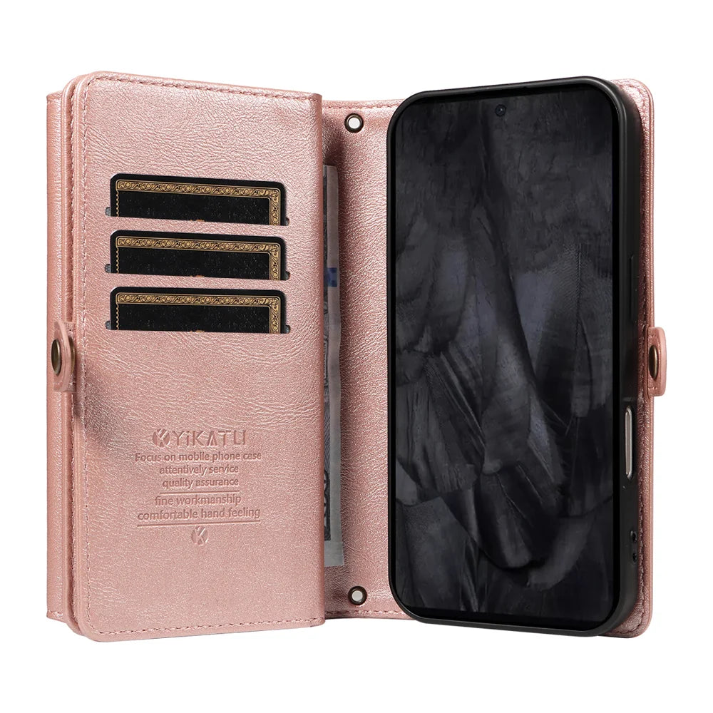 YIKATU For Google Pixel 8 Pro Case  YK-008 Zipper Wallet Leather Phone Cover with Shoulder Strap - Rose Gold - 2