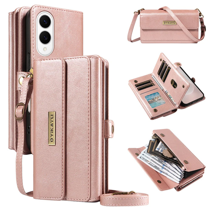 YIKATU For Samsung Galaxy S25 Edge Case  YK-008 Zipper Wallet Leather Phone Cover with Shoulder Strap - Rose Gold - 1