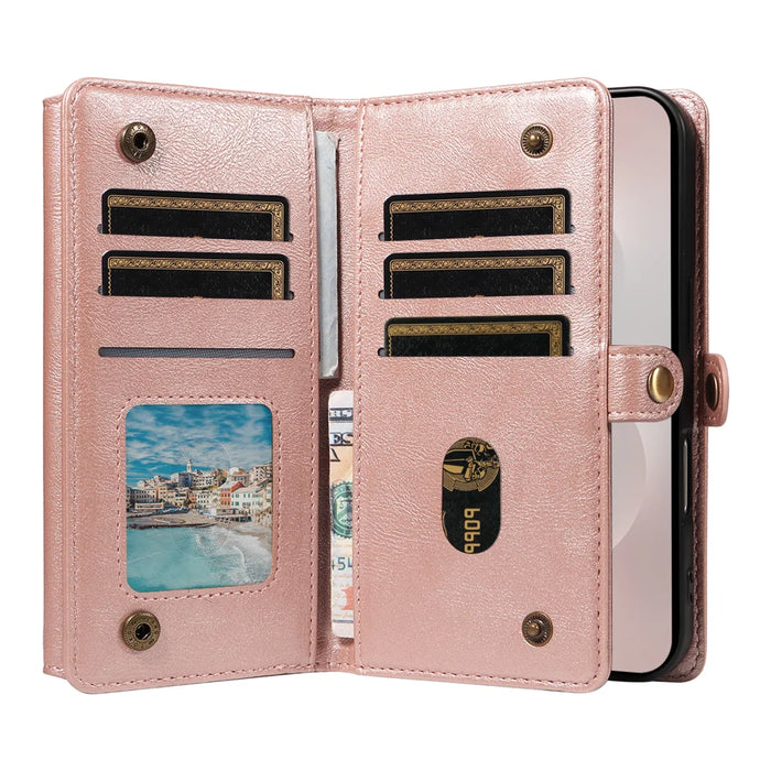 YIKATU For Samsung Galaxy S25 Edge Case  YK-008 Zipper Wallet Leather Phone Cover with Shoulder Strap - Rose Gold - 3