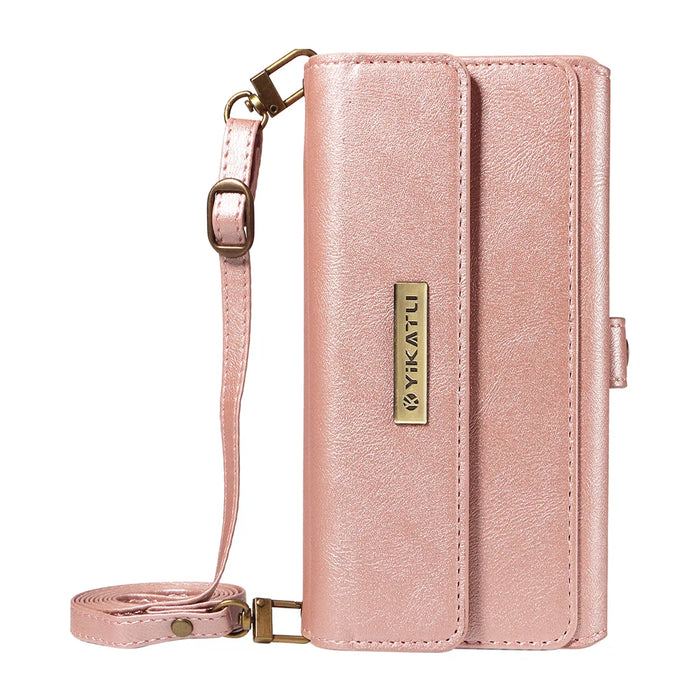 YIKATU For Samsung Galaxy S25 Edge Case  YK-008 Zipper Wallet Leather Phone Cover with Shoulder Strap - Rose Gold - 7