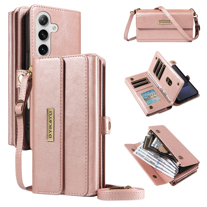 YIKATU For Samsung Galaxy S24 FE Case  YK-008 Zipper Wallet Leather Phone Cover with Shoulder Strap - Rose Gold - 1