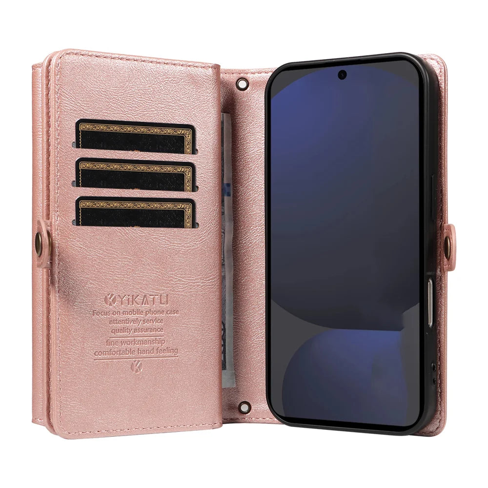 YIKATU For Samsung Galaxy S24 FE Case  YK-008 Zipper Wallet Leather Phone Cover with Shoulder Strap - Rose Gold - 2