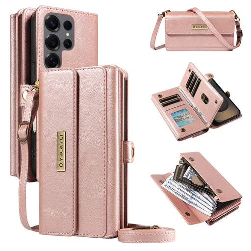 YIKATU For Samsung Galaxy S25 Ultra Case  YK-008 Zipper Wallet Leather Phone Cover with Shoulder Strap - Rose Gold - 1