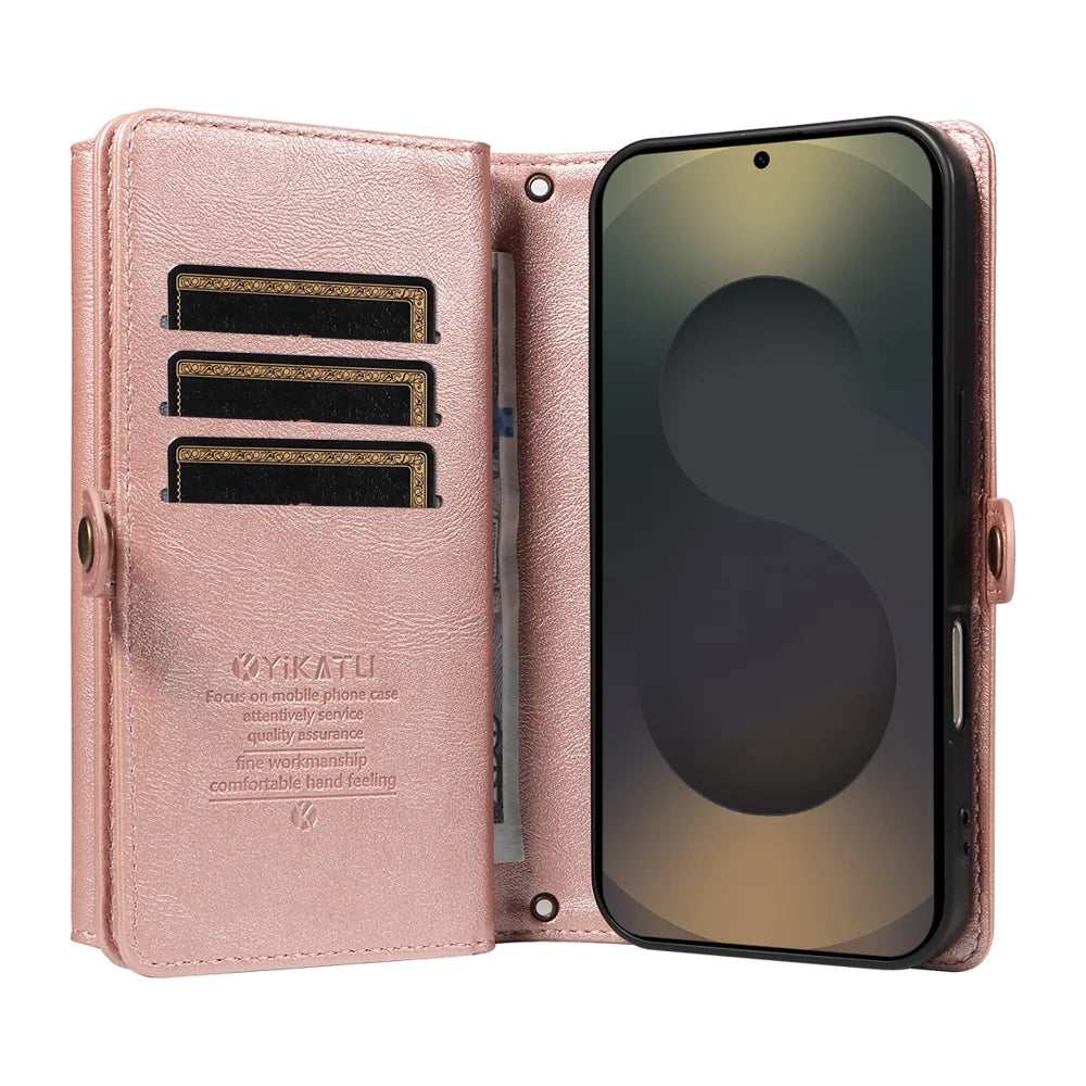 YIKATU For Samsung Galaxy S25 Ultra Case  YK-008 Zipper Wallet Leather Phone Cover with Shoulder Strap - Rose Gold - 2