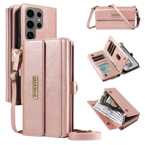 YIKATU For Samsung Galaxy S24 Ultra Case  YK-008 Zipper Wallet Leather Phone Cover with Shoulder Strap - Rose Gold - 1