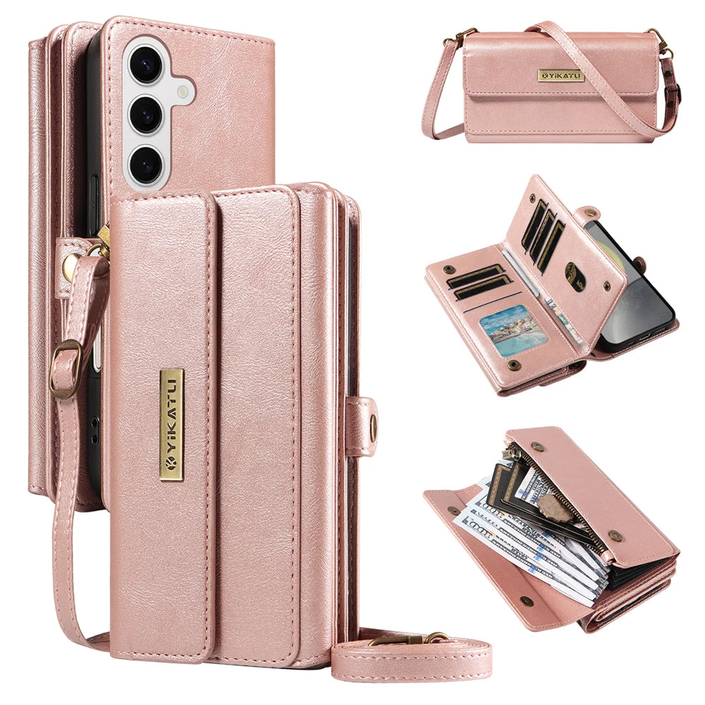 YIKATU For Samsung Galaxy S25 / Galaxy S24 Case  YK-008 Zipper Wallet Leather Phone Cover with Shoulder Strap - Rose Gold - 1