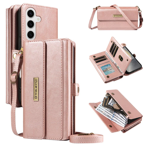 YIKATU For Samsung Galaxy S25 / Galaxy S24 Case  YK-008 Zipper Wallet Leather Phone Cover with Shoulder Strap - Rose Gold - 1