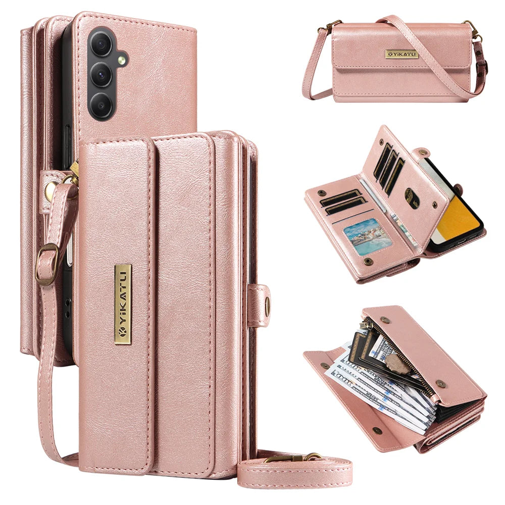 YIKATU For Samsung Galaxy A34 5G Case  YK-008 Zipper Wallet Leather Phone Cover with Shoulder Strap - Rose Gold - 1
