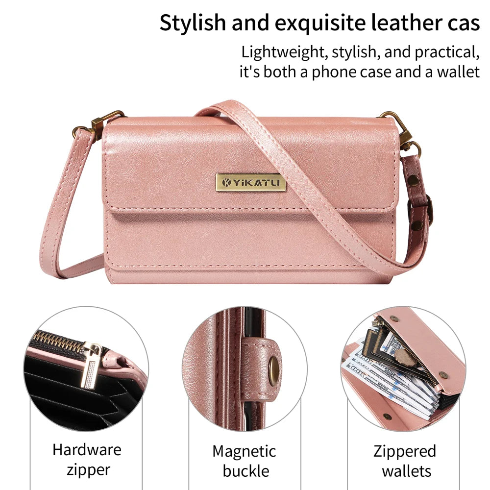 YIKATU For Samsung Galaxy A34 5G Case  YK-008 Zipper Wallet Leather Phone Cover with Shoulder Strap - Rose Gold - 4