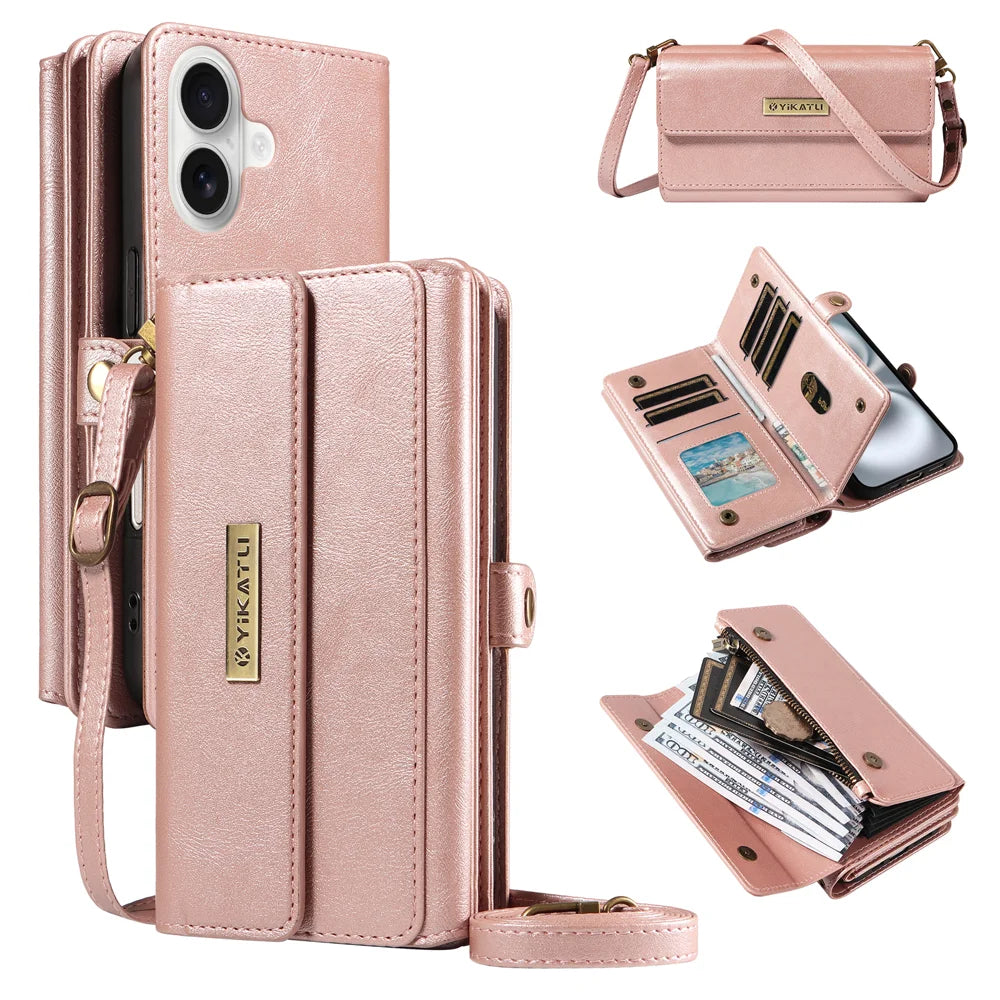 YIKATU For iPhone 16 Case  YK-008 Zipper Wallet Leather Phone Cover with Shoulder Strap - Rose Gold - 1