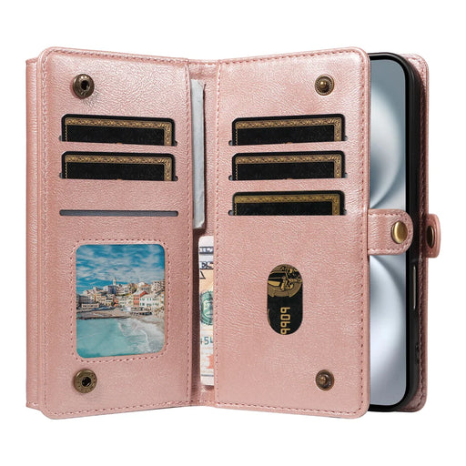 YIKATU For iPhone 16 Case  YK-008 Zipper Wallet Leather Phone Cover with Shoulder Strap - Rose Gold - 2