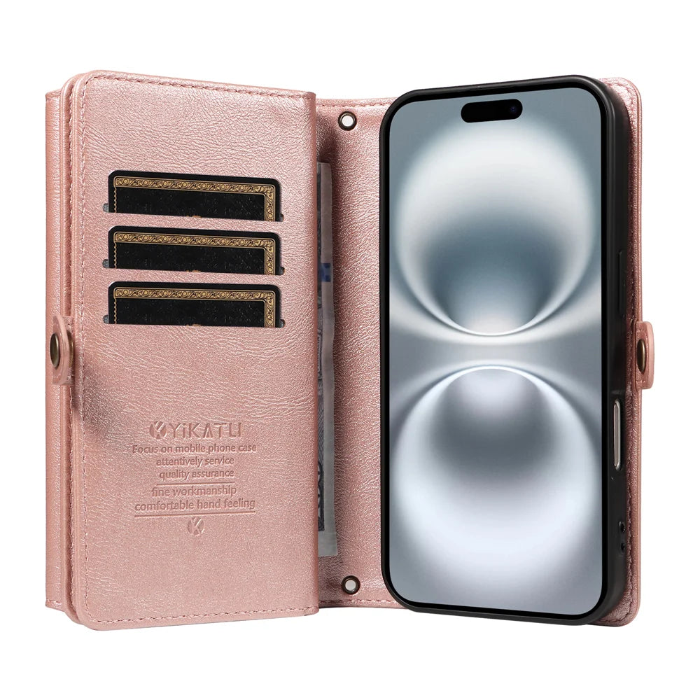 YIKATU For iPhone 16 Case  YK-008 Zipper Wallet Leather Phone Cover with Shoulder Strap - Rose Gold - 3