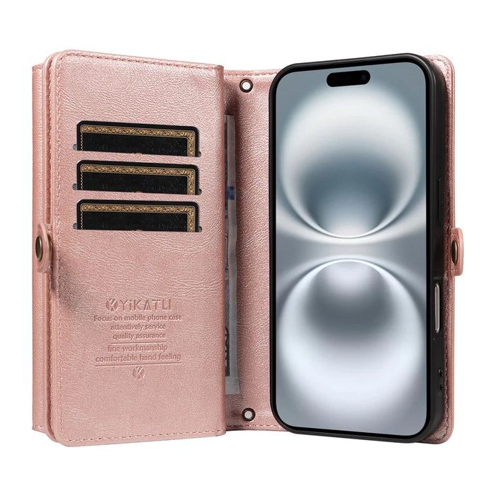 YIKATU For iPhone 16 Case  YK-008 Zipper Wallet Leather Phone Cover with Shoulder Strap - Rose Gold - 3
