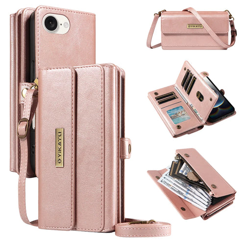 YIKATU For iPhone 17e / 16e Case  YK-008 Zipper Wallet Leather Phone Cover with Shoulder Strap - Rose Gold - 1
