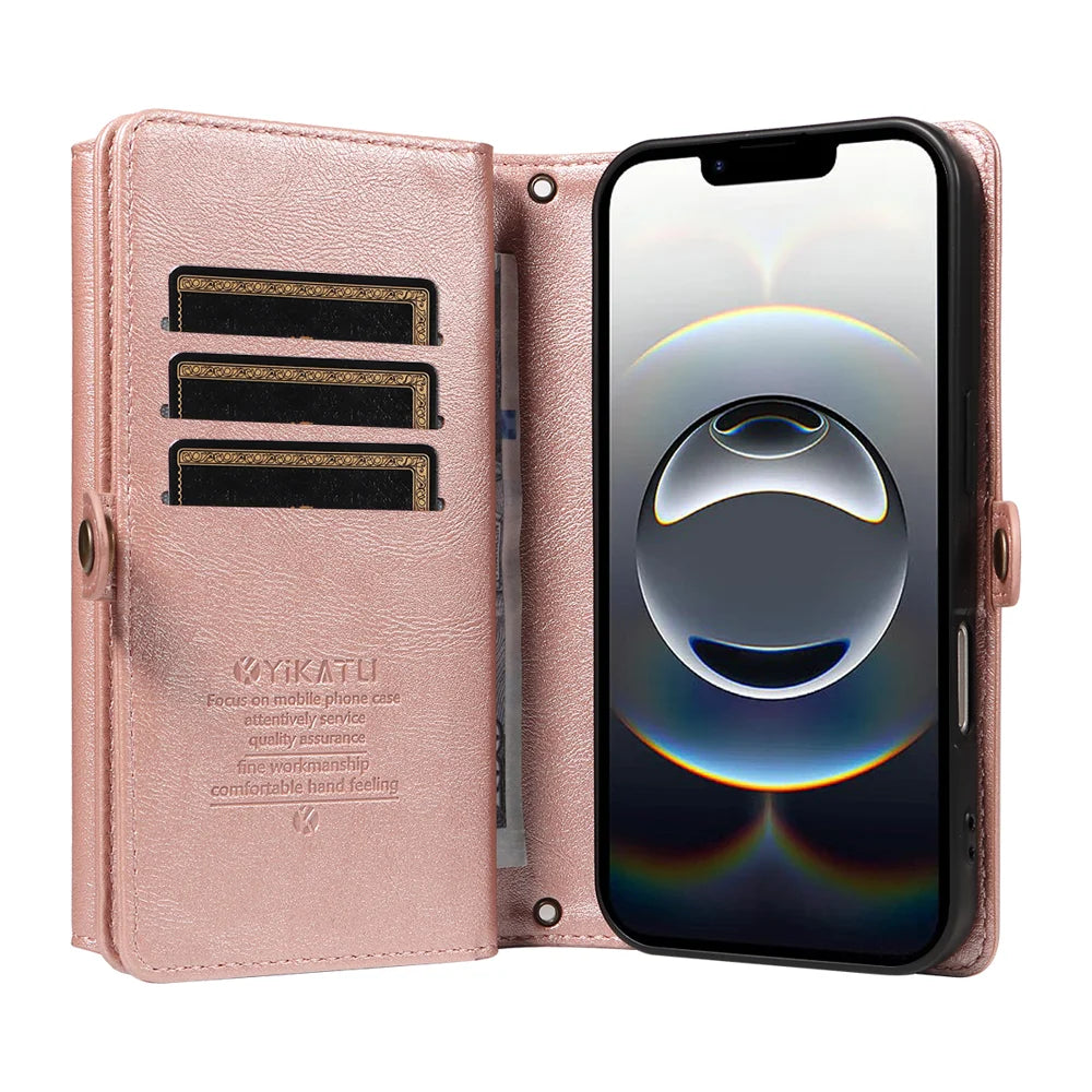 YIKATU For iPhone 17e / 16e Case  YK-008 Zipper Wallet Leather Phone Cover with Shoulder Strap - Rose Gold - 2