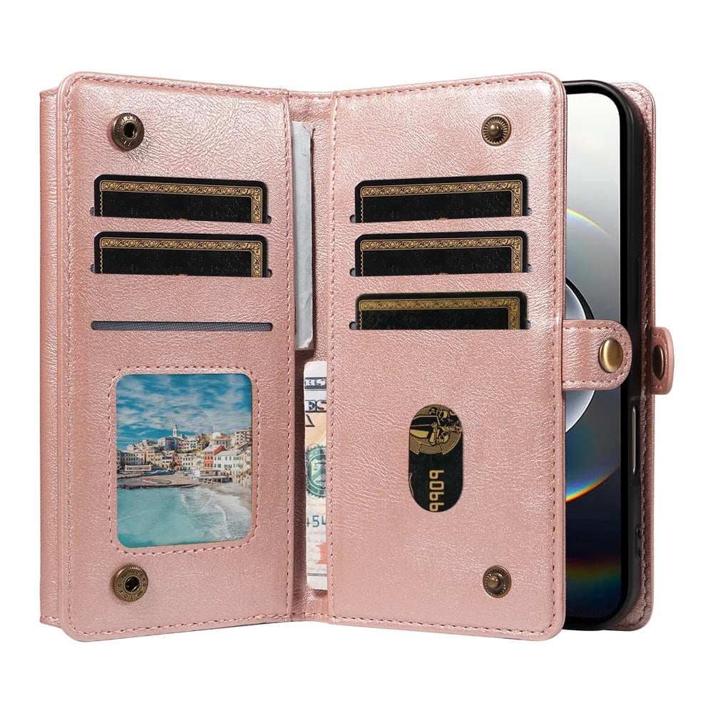 YIKATU For iPhone 17e / 16e Case  YK-008 Zipper Wallet Leather Phone Cover with Shoulder Strap - Rose Gold - 3