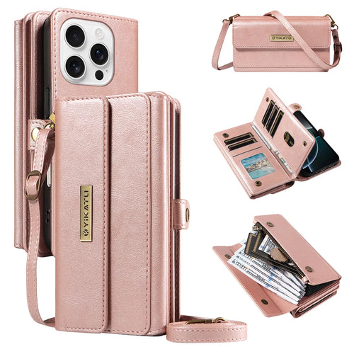 YIKATU For iPhone 16 Pro Max Case  YK-008 Zipper Wallet Leather Phone Cover with Shoulder Strap - Rose Gold - 1