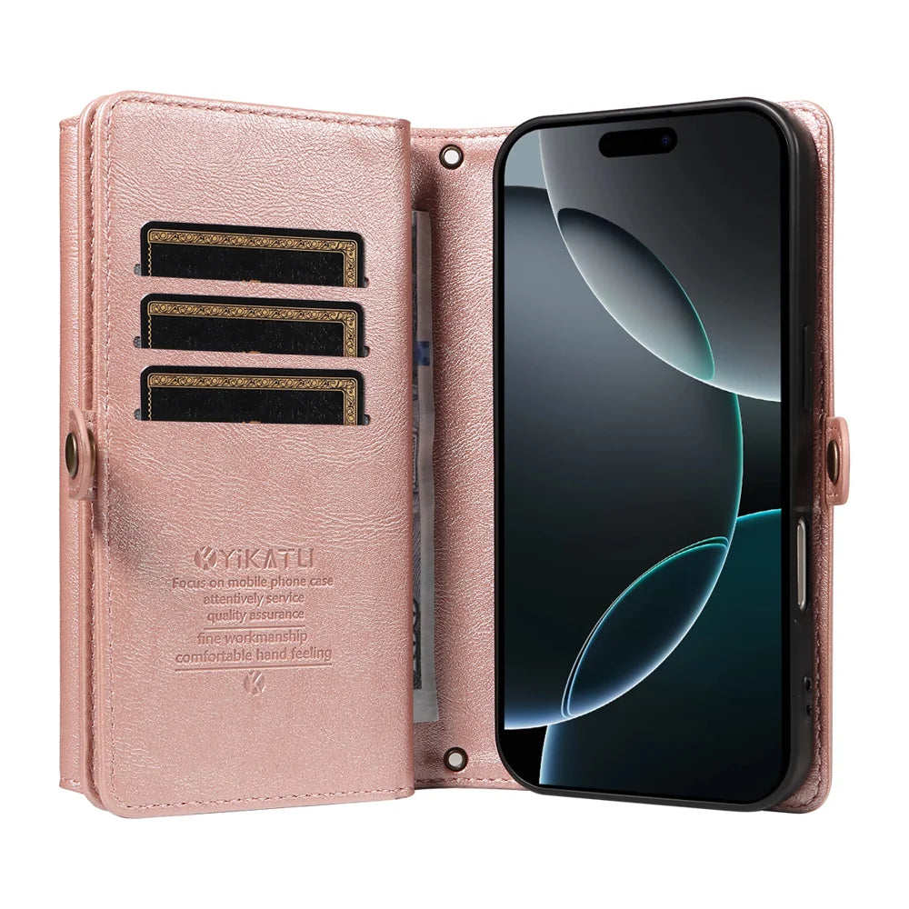 YIKATU For iPhone 16 Pro Max Case  YK-008 Zipper Wallet Leather Phone Cover with Shoulder Strap - Rose Gold - 3