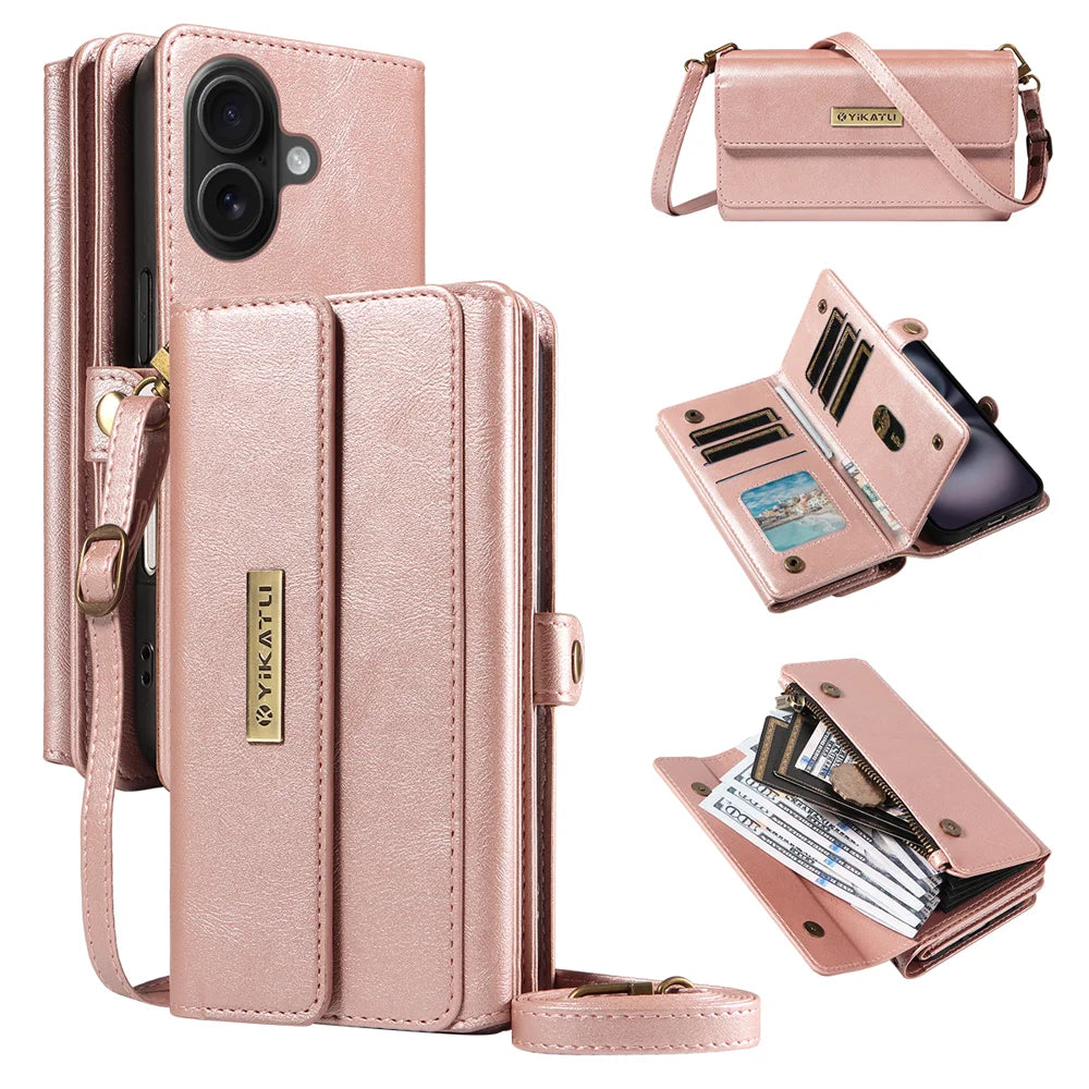 YIKATU For iPhone 16 Plus Case  YK-008 Zipper Wallet Leather Phone Cover with Shoulder Strap - Rose Gold - 1