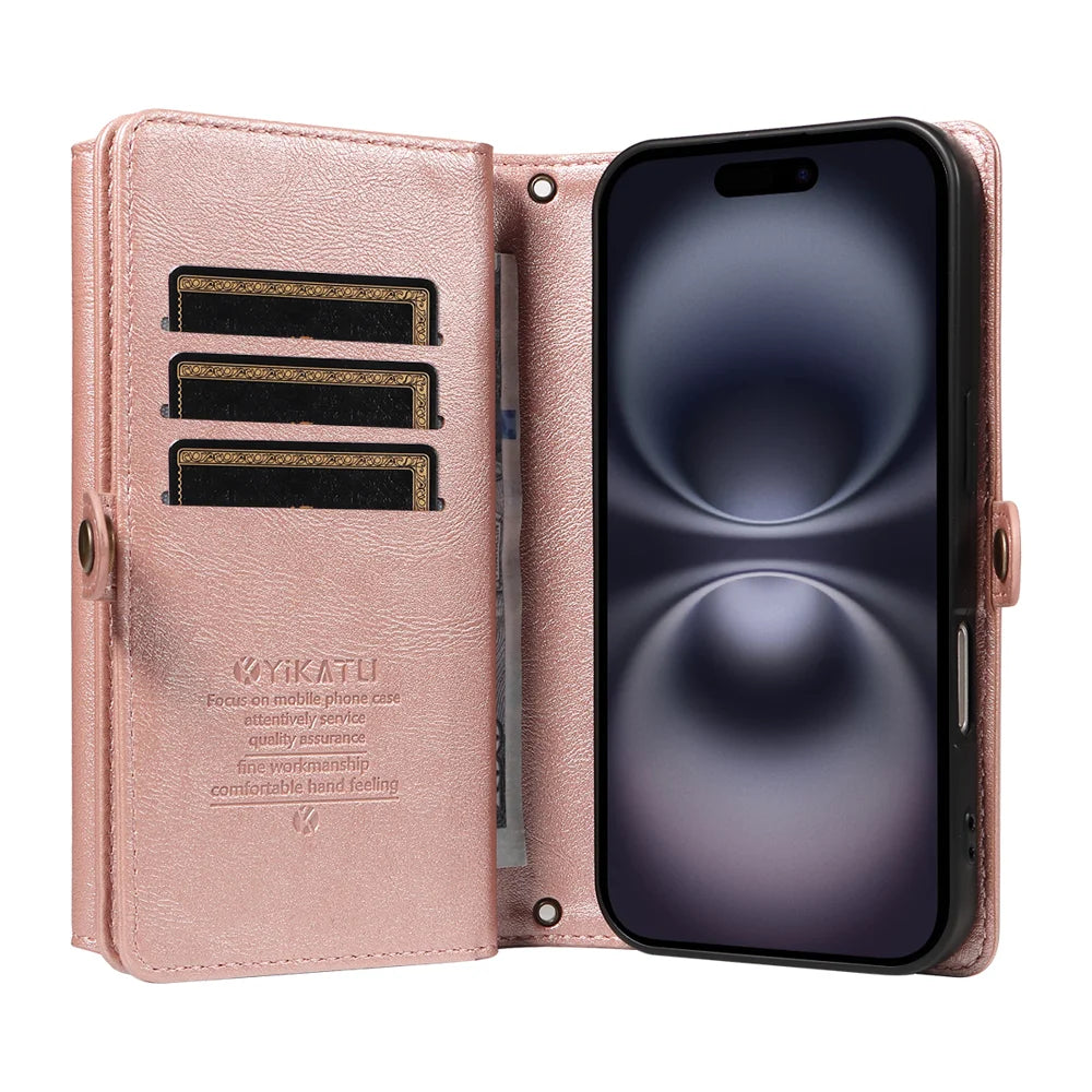 YIKATU For iPhone 16 Plus Case  YK-008 Zipper Wallet Leather Phone Cover with Shoulder Strap - Rose Gold - 3