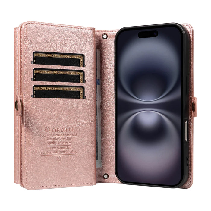 YIKATU For iPhone 16 Plus Case  YK-008 Zipper Wallet Leather Phone Cover with Shoulder Strap - Rose Gold - 3