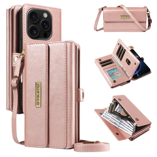 YIKATU For iPhone 16 Pro Case  YK-008 Zipper Wallet Leather Phone Cover with Shoulder Strap - Rose Gold - 1