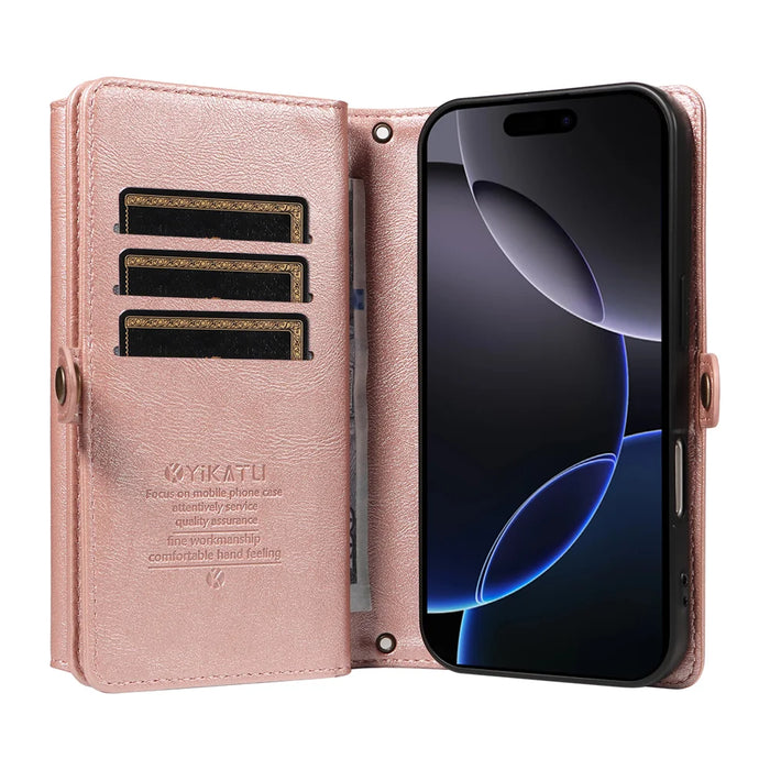 YIKATU For iPhone 16 Pro Case  YK-008 Zipper Wallet Leather Phone Cover with Shoulder Strap - Rose Gold - 2