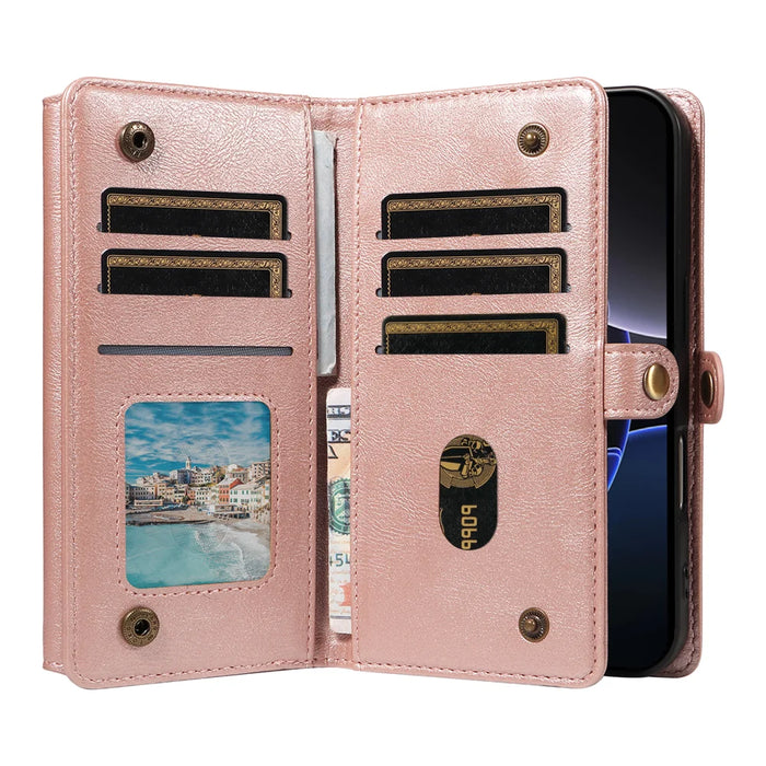 YIKATU For iPhone 16 Pro Case  YK-008 Zipper Wallet Leather Phone Cover with Shoulder Strap - Rose Gold - 3