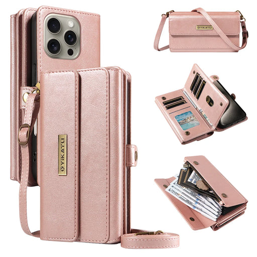 YIKATU For iPhone 15 Pro Max Case  YK-008 Zipper Wallet Leather Phone Cover with Shoulder Strap - Rose Gold - 1