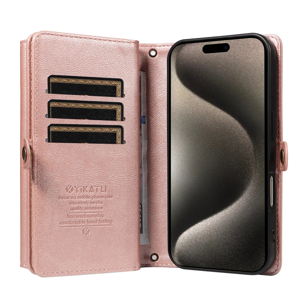 YIKATU For iPhone 15 Pro Max Case  YK-008 Zipper Wallet Leather Phone Cover with Shoulder Strap - Rose Gold - 2