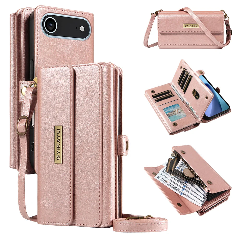 YIKATU For iPhone Air Case  YK-008 Zipper Wallet Leather Phone Cover with Shoulder Strap - Rose Gold - 1