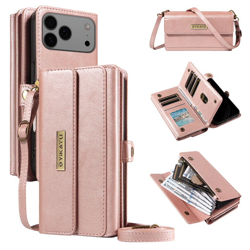 YIKATU For iPhone 18 Pro Max / 17 Pro Max Case  YK-008 Zipper Wallet Leather Phone Cover with Shoulder Strap - Rose Gold - 1