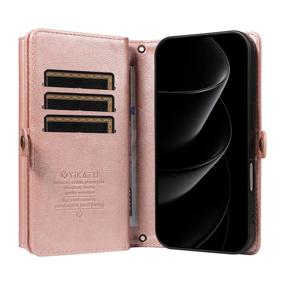 YIKATU For iPhone 18 Pro Max / 17 Pro Max Case  YK-008 Zipper Wallet Leather Phone Cover with Shoulder Strap - Rose Gold - 3