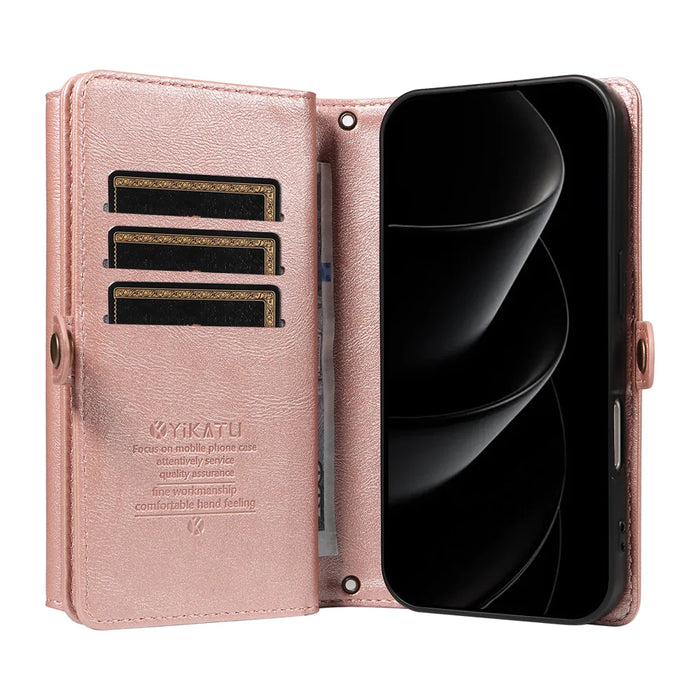 YIKATU For iPhone 18 Pro Max / 17 Pro Max Case  YK-008 Zipper Wallet Leather Phone Cover with Shoulder Strap - Rose Gold - 3