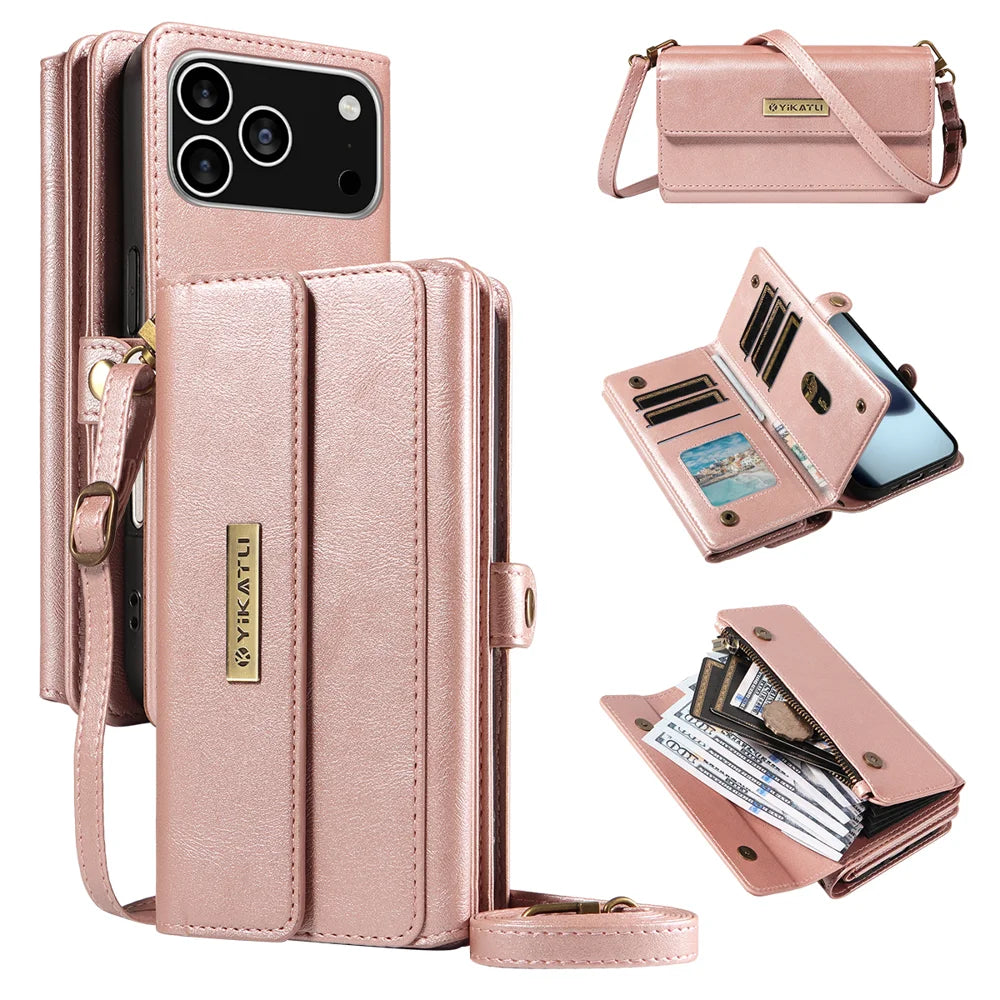 YIKATU For iPhone 18 Pro / 17 Pro Case  YK-008 Zipper Wallet Leather Phone Cover with Shoulder Strap - Rose Gold - 1