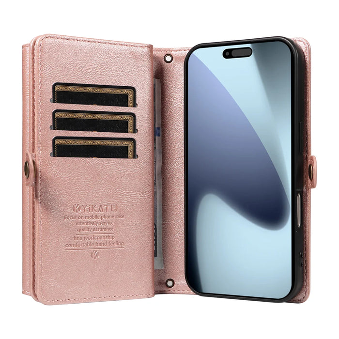 YIKATU For iPhone 18 Pro / 17 Pro Case  YK-008 Zipper Wallet Leather Phone Cover with Shoulder Strap - Rose Gold - 3