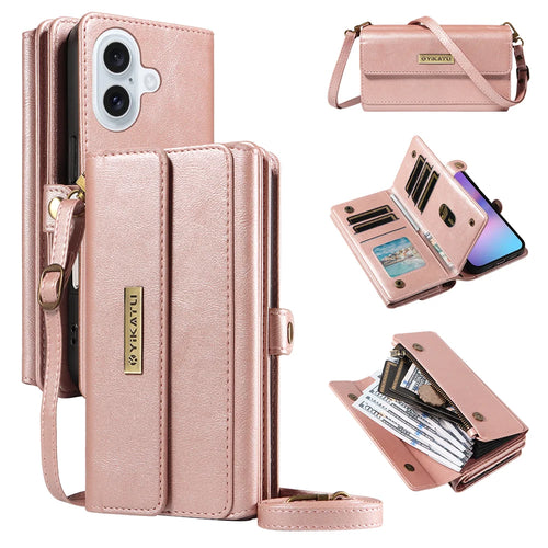 YIKATU For iPhone 17 Case  YK-008 Zipper Wallet Leather Phone Cover with Shoulder Strap - Rose Gold - 1