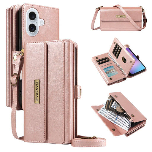 YIKATU For iPhone 17 Case  YK-008 Zipper Wallet Leather Phone Cover with Shoulder Strap - Rose Gold - 1