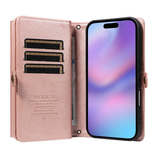 YIKATU For iPhone 17 Case  YK-008 Zipper Wallet Leather Phone Cover with Shoulder Strap - Rose Gold - 2