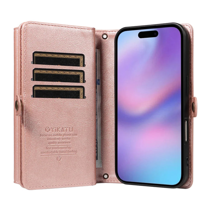 YIKATU For iPhone 17 Case  YK-008 Zipper Wallet Leather Phone Cover with Shoulder Strap - Rose Gold - 2