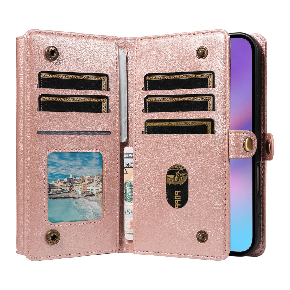 YIKATU For iPhone 17 Case  YK-008 Zipper Wallet Leather Phone Cover with Shoulder Strap - Rose Gold - 3