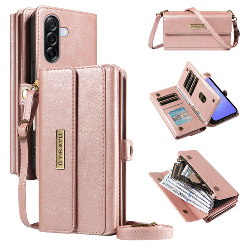 YIKATU For Samsung Galaxy A36 5G Case  YK-008 Zipper Wallet Leather Phone Cover with Shoulder Strap - Rose Gold - 1