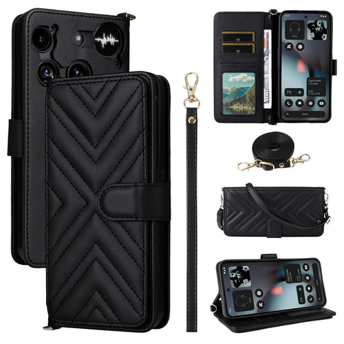 For Nothing Phone (3) 5G Case with Shoulder /  Wrist Strap Leather Phone Cover Stand Wallet - Black - 1
