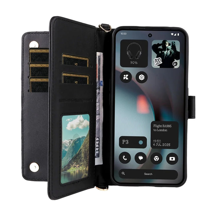 For Nothing Phone (3) 5G Case with Shoulder /  Wrist Strap Leather Phone Cover Stand Wallet - Black - 2